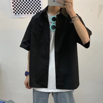 Gömlek Erkek Kargo Yakışıklı Harajuku Tüm Maç Katı Erkek Ins Camisa Kolej Yaz Nefes Yüksek Sokak Moda Popüler Giysiler 2
