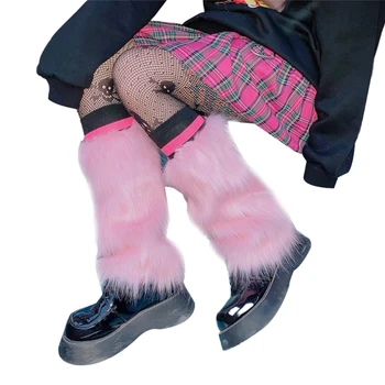 Kadınlar Vintage Kürklü bacak ısıtıcıları Kış sıcak Harajuku Gotik Pembe Faux Kürk Çizmeler Ayakkabı Manşetleri Kapakları Uzun Çorap Streetwear 1