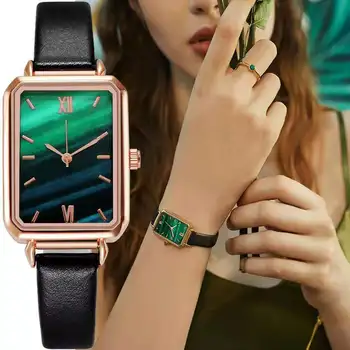 SHSHD Marka Kadın Saatler Moda Kare Bayanlar quartz saat Bilezik Seti Yeşil Kadran Basit Gül Altın Örgü Lüks Kadın Saatler 1