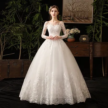 Gelin düğün elbisesi Yeni Stil Lüks Dantel Uzun Kollu düğün elbisesi es Gelin balo elbisesi Lace Up Artı Boyutu Elbiseler