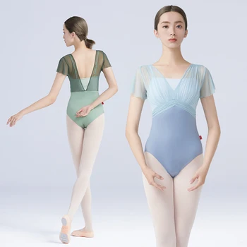 Kadın Bale Mayoları Dans Leotard Naylon Eklenmiş Kısa Kollu Pleats Bale Bodysuit Yetişkin Sahte İki Parçalı Jimnastik Mayoları