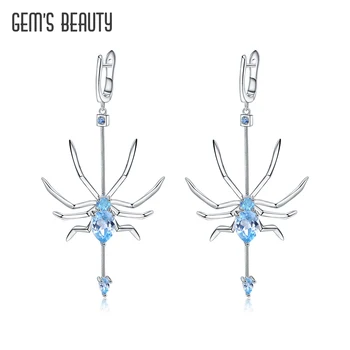 GEM'S GÜZELLİK Sky Blue Topaz Örümcek Küpe Gerçek 925 Ayar Gümüş Araneid Eardrop Orijinal Tasarım Serin Güzel Takı Kadınlar için 1
