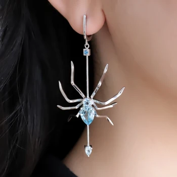 GEM'S GÜZELLİK Sky Blue Topaz Örümcek Küpe Gerçek 925 Ayar Gümüş Araneid Eardrop Orijinal Tasarım Serin Güzel Takı Kadınlar için 2