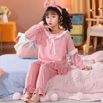 Yeni Kız Pijama Seti Sıcak Kalınlaşmak Kış Flanel Pijama Infantil Çocuk Mercan Polar Karikatür Pijama Erkek Pijama Çocuklar 2