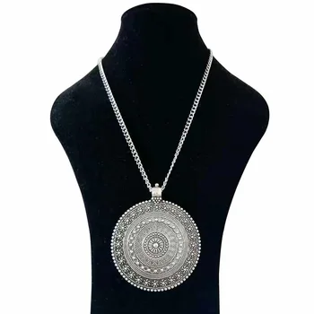 1 x Tibet Gümüş Metal Soyut Boho Büyük Yuvarlak Çiçek Madalyon Takı Kolye Kolye Uzun Link Zinciri Lagenlook 34
