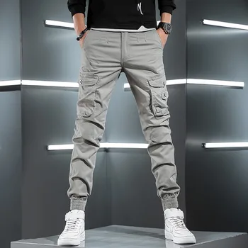 Erkekler Taktik Kargo Pantolon Streetwear Çok Cep Hip Hop Joggers Açık Gri Pamuk Slim Fit Pantolon