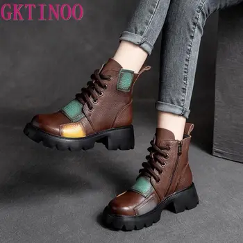 GKTINOO Kadın yarım çizmeler Kış 2022 Yeni Hakiki deri ayakkabı Zip Yuvarlak Ayak Takozlar Retro Karışık Renkler Platformu kısa çizmeler