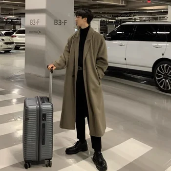 Kış Kalın Yün Ceket Erkekler Sıcak Moda Rahat Büyük Boy Uzun Yün Ceket Erkekler Kore Gevşek Kemer Trençkot Erkek Palto