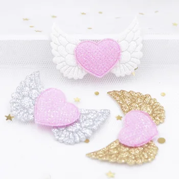 50 * 32mm Glitter Tozları Melek Kanat Stick-on Kalp Aplikler Cupid Kanat Peri Kanat DIY Elbise Şapka Şapkalar Dekor Yamalar G00 1
