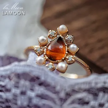 LAMOON Vintage kehribar yüzük Kadınlar Için Zarif Bijou Inci 925 Ayar Gümüş Altın Kaplama Güzel Takı Düğün Nişan Yüzüğü