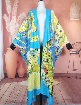 Zarif Baskılı Kuveyt Yaz Plaj kadın Bikini Cover Up Tatil İçin Afrika Bayan Dimi İpek Açık Ön Kimono Parti İçin