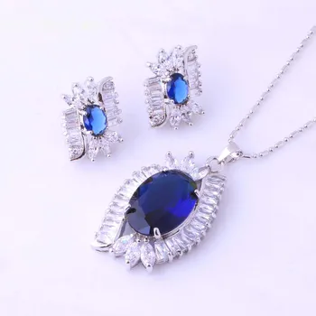 En Kaliteli Muhteşem Mavi Kristal & Kübik Zirkonya Gümüş Renk Kolye Kolye/Küpe Için 3 Adet Takı Setleri Womens H0018