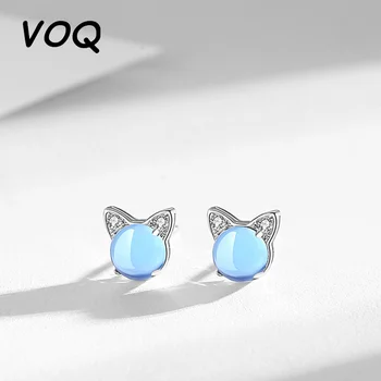 VOQ Yeni Moda Sevimli Kedi Küpe Tatlı Mavi Kedi Küçük Küpe Gümüş Renk Zarif Takı Parti Hediyeler 1