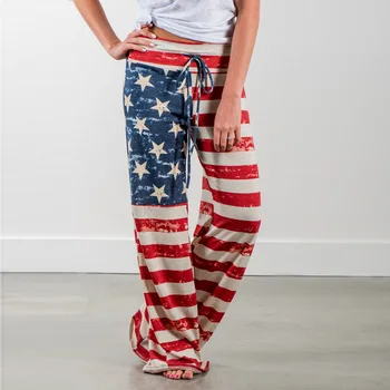 2019 Kadın Pantolon Moda kadın Yaz Uzun pantolon Amerika Ulusal Bayrak Baskılı Ücretsiz Pantolon Tam Boy Orta Bel Rahat
