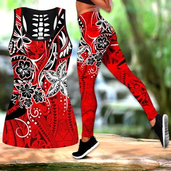 Yeni kadın Tayt Polinezya Tribal Dövme ve Çiçekler 3D Baskılı Legging ve Tank top Seksi Elastik Kadın Sıska Yoga pantolon