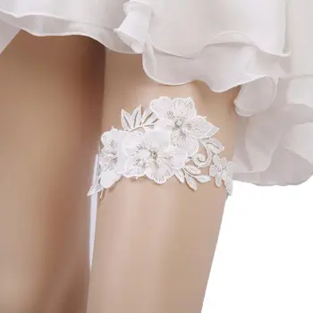 2 adet / takım Düğün Jartiyer Taklidi Nakış Çiçek Boncuk Beyaz Seksi Jartiyer Kadınlar için Uyluk Yüzük Gelin Bacak Jartiyer