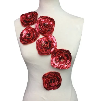 6 adet 3D Gül payet arma Kırmızı Çiçek Aplike Boncuklu Çiçekler Yamalar Dikmek İçin Giyim Kot Elbise Aplikler Yamalar AC1106