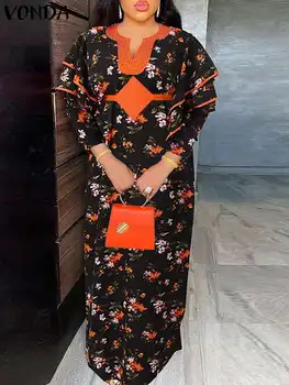 VONDA Uzun Maxi Elbise 2022 Sonbahar Bohemian Kadınlar Çiçek Baskılı Fırfır Parti Sundress Seksi V Yaka Kelebek Kollu gündelik elbise