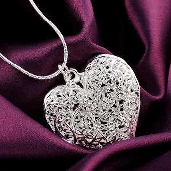 P218 Toptan Ücretsiz kargo moda gümüş renk takı zarif charm retro zarif hollow kalp kolye kolye kadın ,