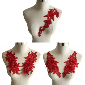 Bir çift Kırmızı Çiçekler Polyester İçi Boş Yaka ABS inci 3D Taklidi Dantel Gri Beyaz Kemer Zanaat Malzemesi Dikiş Aksesuarları için