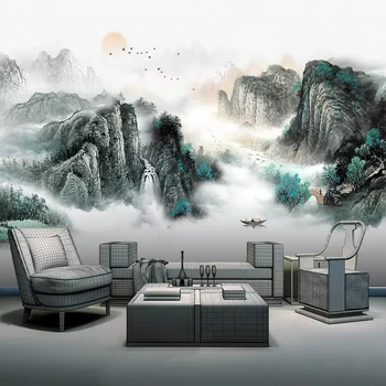 Özel 3D Fotoğraf Duvar Kağıdı Yeni Çin Tarzı Dağ Su Manzara Boyama Oturma Odası Çalışma Duvar Dekor Duvar Papel De Parede