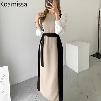 Koamıssa Patchwork Kadın Moda Zarif Maxi Elbise Uzun Kollu O Boyun Kemer Ince Bir Çizgi Elbiseler Kore Vestidos Bahar Güz 1