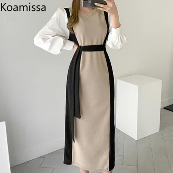 Koamıssa Patchwork Kadın Moda Zarif Maxi Elbise Uzun Kollu O Boyun Kemer Ince Bir Çizgi Elbiseler Kore Vestidos Bahar Güz 2