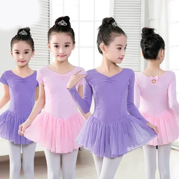 Bale Elbise Jimnastik Mayoları Kızlar Çocuklar için Kısa Kollu Bale Giyim Şifon Etekler Çocuklar İlmek Dans Mayoları