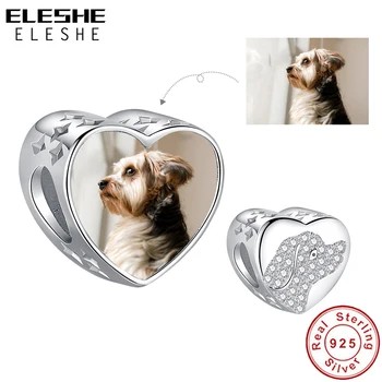 ELESHE 925 Ayar Gümüş Kişiselleştirilmiş Özel Fotoğraf Charm Kakma Zirkon Sevimli Pet Köpek Kalp Boncuk Fit Bilezik Kadınlar DIY Takı