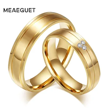 Meaeguet Moda CZ Taş alyanslar Sevgilisi Için Paslanmaz Çelik Çift Yüzük Altın Renk Anel Takı