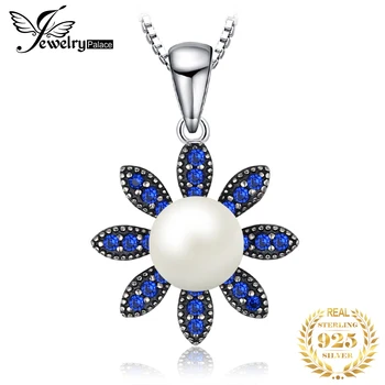 JewelryPalace Çiçek Düzenlendi Mavi Spinel Kültürlü Inci 925 Ayar Gümüş Kolye Kadın Moda Hediye ıçin Hiçbir Zincir 1