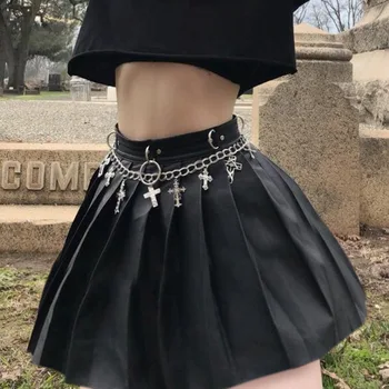 E-kız Gotik Grunge Pu Deri Pilili Etek Harajuku Zip Up Yüksek Bel Punk Tarzı Siyah Mini Etek Emo Alt Elbise Kadın