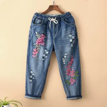 Kadınlar Yüksek Bel Kot Kapriler Yeni 2022 İlkbahar Yaz Vintage Çiçek Nakış Gevşek Kadın Rahat Yırtık Kot harem pantolon 1