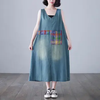Kot yelek Elbise kadın Yaz Gevşek Büyük Boy Uzun Bölüm İnce V Yaka Kolsuz Kot Vintage Kore Kadın Elbiseler h1713 2