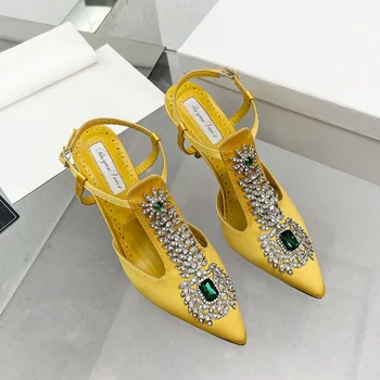 Bayanlar Düğün Ayakkabı Taklidi Sivri Burun Yüksek Topuklu Saten Taş Stiletto Sandalet 2022 Yeni Baotou Peri Pompa Düğün Ayakkabı 1
