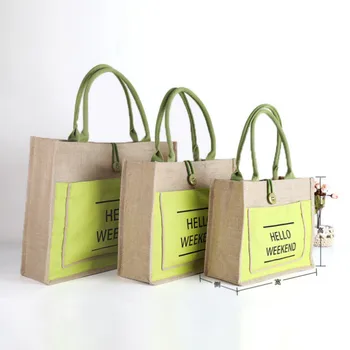 Jüt Pamuk Tote Çanta Kadın Kadın Büyük Kapasiteli omuz çantaları Hello Haftasonu Baskı alışveriş çantası Taşınabilir Yeniden Kullanılabilir Alışveriş