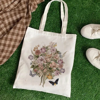 Kawaii Kadın Alışveriş Rahat Suluboya Bitki Çiçek Baskı Kadın pamuklu çanta Tuval Tote Çanta Alışveriş Çantaları Kız Kumaş El Çantaları 1