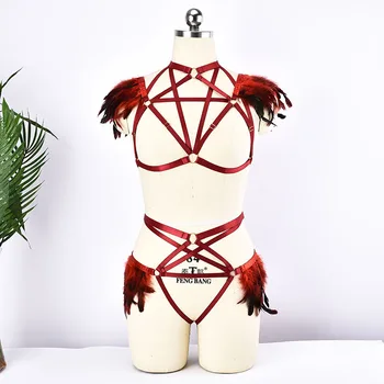 Kadınlar El Yapımı Kırmızı Tüy Apolet Vücut Demeti Kemer Harajuku Pentagram Sutyen 90s Tüy Külot Külot Gotik Vücut Demeti Seti