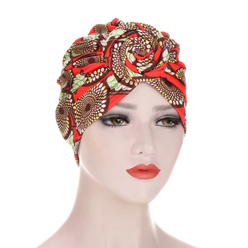 Yeni Kadın Afrika Desen Örme Çiçek islami türban Kaput Büküm Düğüm kızılderili şapkası Bayanlar Kemo Kanseri Kap Bandanalar başörtüsü