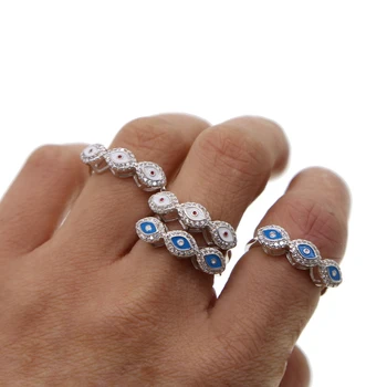 mavi beyaz emaye nazar üç sevimli şanslı göz charm boyutu 6 7 8 kadın kız parmak yüzük takı 2