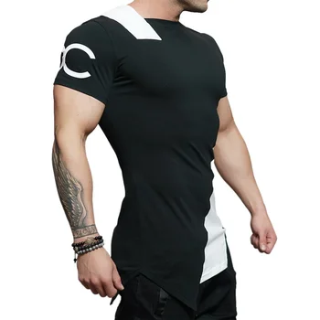 Erkek kısa Kollu patchwork tişört Vücut Geliştirme Nefes egzersiz kıyafetleri Spor Gömlek Düzensiz Boyun 1