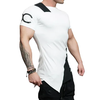 Erkek kısa Kollu patchwork tişört Vücut Geliştirme Nefes egzersiz kıyafetleri Spor Gömlek Düzensiz Boyun 2