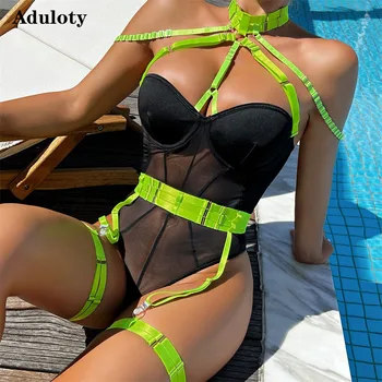 Aduloty kadın Seksi Iç Çamaşırı Bodysuit Şekillendirici Sapanlar Dikiş Kontrast Renk Tulum Halter Sutyen Örgü Erotik iç çamaşırı seti 1