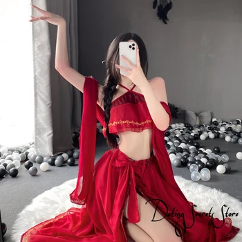 3 ADET Kadınlar Geleneksel İç Çamaşırı Kıyafet Kırmızı Dantel Çiçek uzun elbise Halter Backless Yüksek Yarık Kıyafeti Örgü Erotik Gecelik Seti