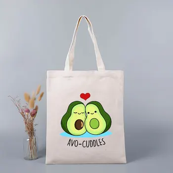 Sevimli Avokado Karikatürler Moda Desen Baskı Eko Tote Çanta Kadın Alışveriş Çantaları Baskı Çanta Tuval Shopper omuzdan askili çanta Bej 1