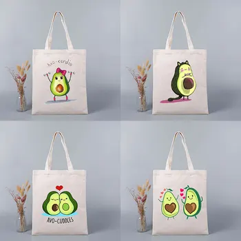 Sevimli Avokado Karikatürler Moda Desen Baskı Eko Tote Çanta Kadın Alışveriş Çantaları Baskı Çanta Tuval Shopper omuzdan askili çanta Bej 2