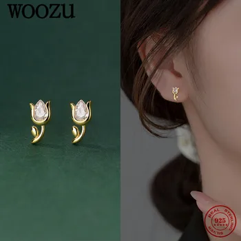 WOOZU 925 Ayar Gümüş Romantik Tatlı Lale Çiçek Zirkonya Saplama Küpe Kadınlar İçin Kore Genç Küçük Kulak Takı 2022 Trend