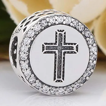 Yeni 925 Ayar Gümüş Charm Ajur İnanç ve Çapraz Kristal Boncuk Fit Orijinal Moda Bilezik Kolye DIY Takı