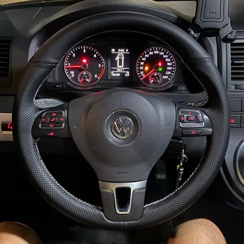 Kaymaz Siyah Hakiki deri Araba direksiyon Örgü Kapak Volkswagen Golf 6 İçin Mk6 VW Polo Sagitar Bora Santana Jetta Mk6 1