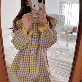 Bayanlar Ekose Pijama İlkbahar Sonbahar Uzun kollu Pantolon Casual Yaka Ruffles Pijama Sevimli İki parçalı Ev Giyim Kadın 2
